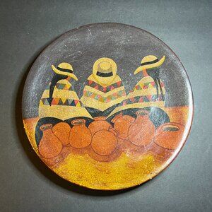 Vintage Signed Hand Painted Terracotta Peruvian Folk Art Women Decorative Plate